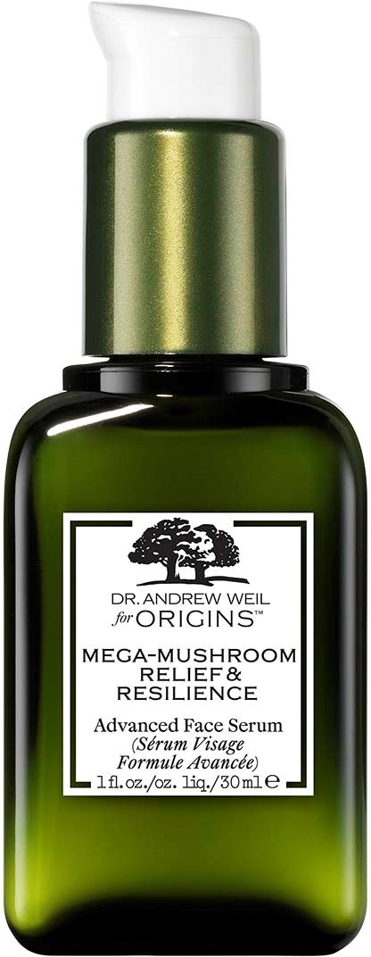 Ciemnozielona butelka z białą pompką, etykieta pokazuje nazwę produktu i opis serum do twarzy.