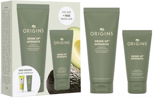 Four green tubes of Origins skincare products in front of a box, with a lemon and avocado image.