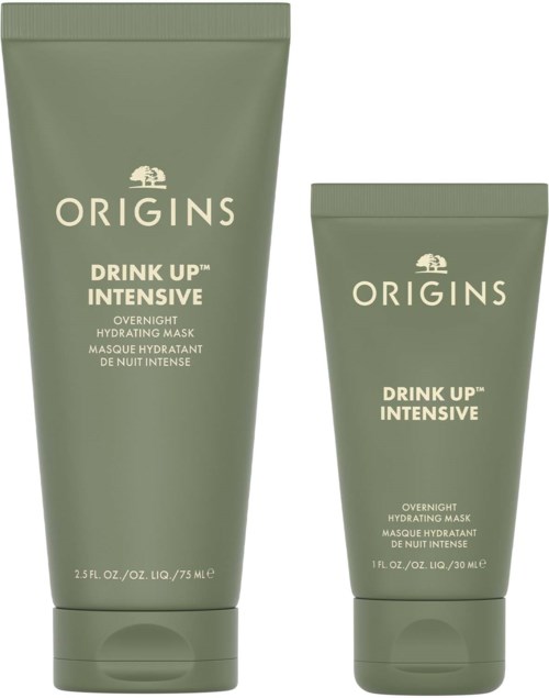 Two green tubes of Origins Drink Up Intensive overnight hydrating masks, one large and one small. Pure and simple packaging.