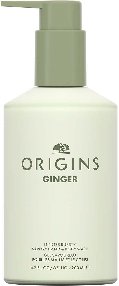 Valkoinen pullo, jossa on vihreä pumppu ja merkintä 'Origins Ginger' käsi- ja vartalosuihkuun.