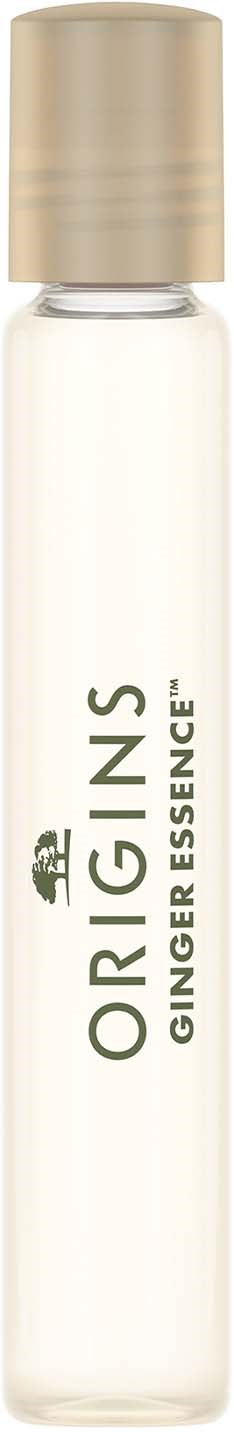 En liten klar glasflaska med guldkork, märkt Origns Ginger Essence, innehåller en kosmetisk produkt.