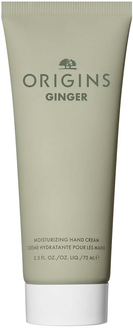 Tuba kremu do rąk z napisem 'Origins Ginger', prosty design i zielony kolor.