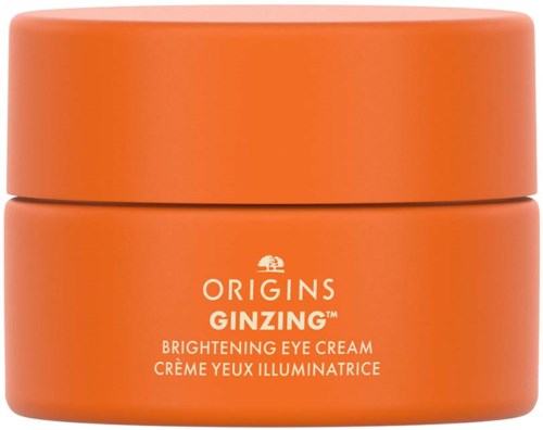 Orange container of Origins GINZING Brightening Eye Cream with white text and logo.