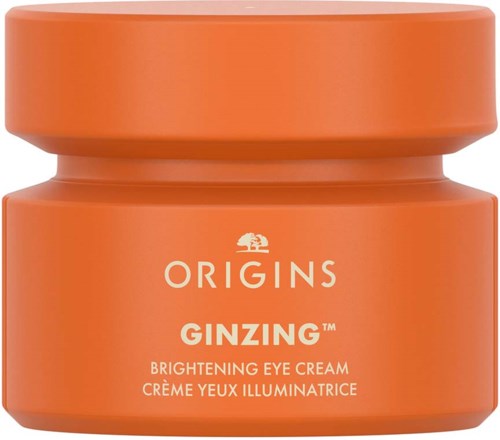 En orange burk av Origins GINZING Brightening Eye Cream med vit text och en liten logga på framsidan.