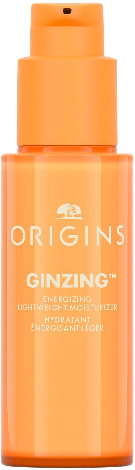 Orange bottle of Origins Ginzing moisturizer with a pump dispenser, labeled as energizing and lightweight.