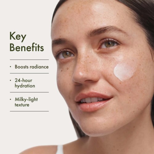 Skin with clear complexion and slight freckles, highlighting skincare benefits listed as boosting radiance, hydration, and a light texture.
