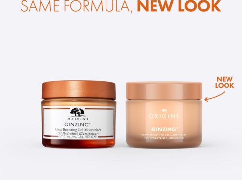 Två burkar med GINZING återfuktare med olika etiketter, en mörkare och en ljusare, visar en ny look. Texten nämner samma formula, ny look.