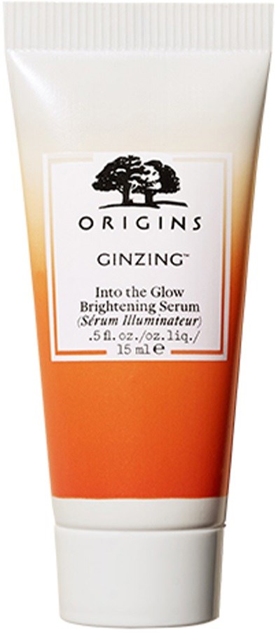 A white and orange tube labeled 'Origins GINZING Brightening Serum' with a tree logo, standing upright.
