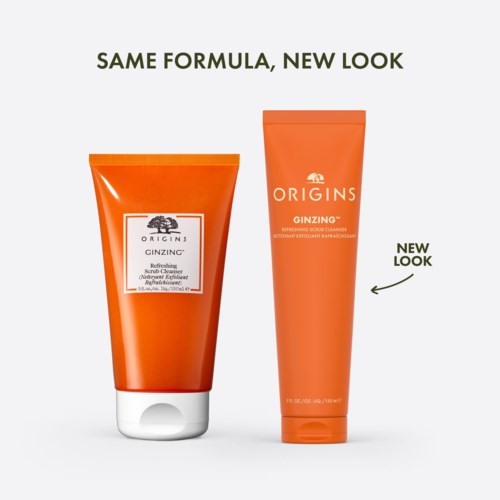Två orange tuber av hudvårdsprodukter, den ena märkt 'Refresh Scrub Cleanser,' med en 'Ny Look' noterat till höger.