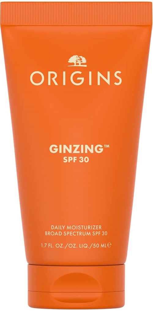 Orange tub med Origins Ginzng SPF 30 daglig återfuktare för hudskydd.