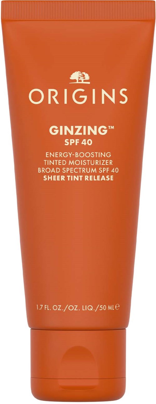 Orange tube med Origins GinZing SPF 40 farvet fugtighedscreme med sheert tint-udlukning og bredspektret beskyttelse.