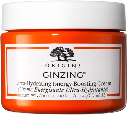 A jar of orange cream with a white lid, labeled 'Origins Ginzng', described as an ultra-hydrating energy-boosting cream.