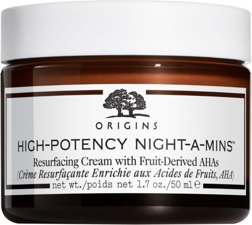 A jar of Origins High-Potency Night-A-Mins Resurfacing Cream with fruit-derived AHAs.