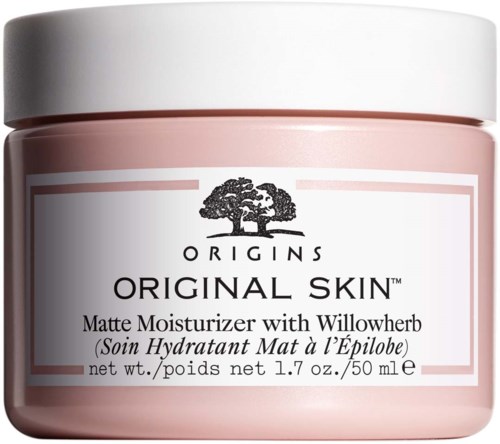 Różny słoik Origins Original Skin Matte Moisturizer with Willowherb. Ma biały wieczko i czarny tekst.