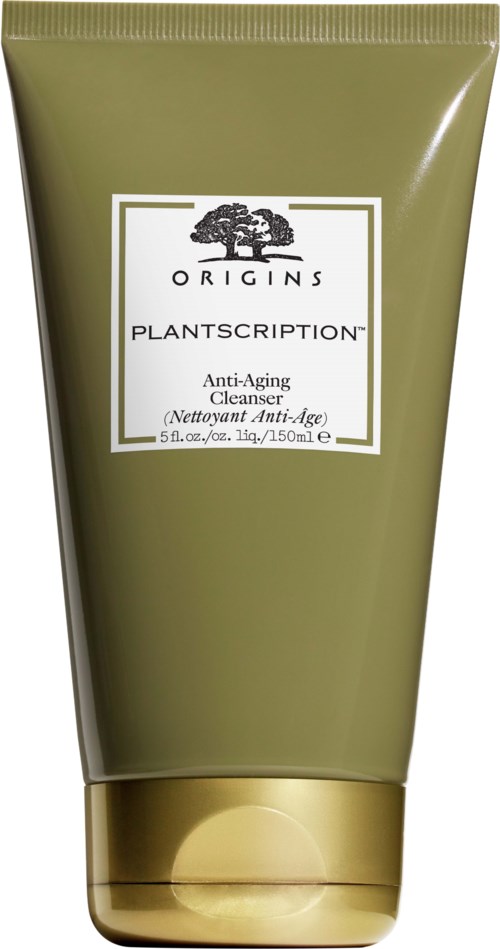 Grönt rör med Origins Plantscription anti-aging rensgel, vit etikett och svart text.