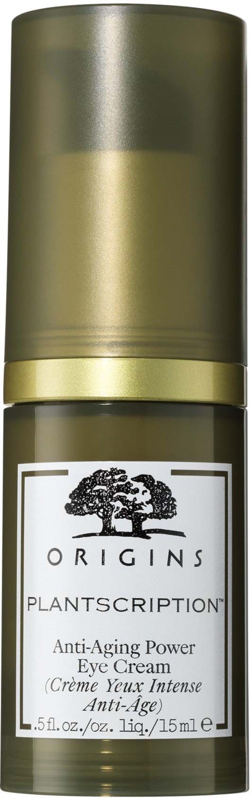 En liten flaska med Origins Plantscription Anti-Aging Eye Cream med en guldfärgad och grön design.