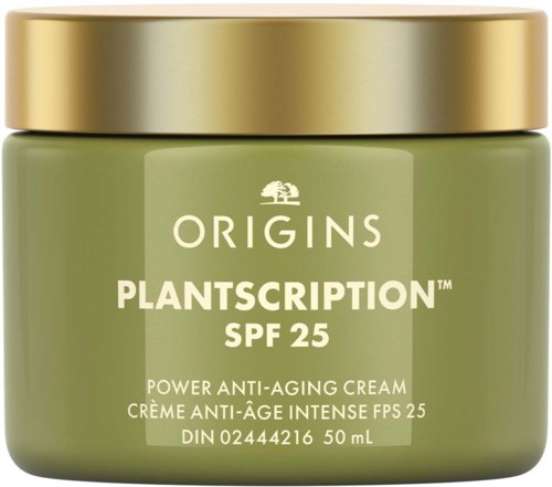En grön burk med Origins Plantscription SPF 25 anti-aging kräm och guldkork.