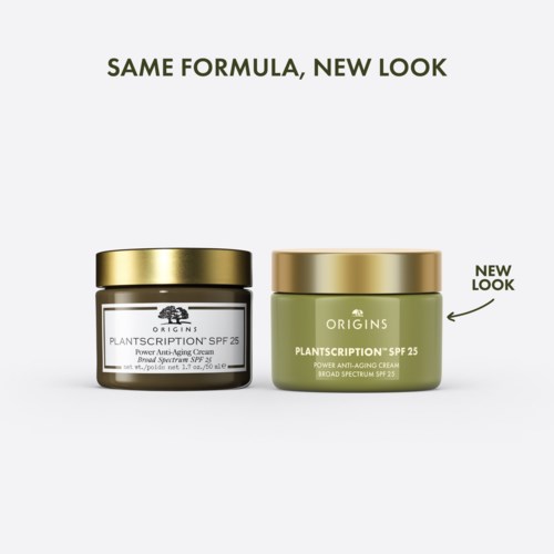 Två skönhetskrämglas, ett med guldlock, text säger 'Samma formel, ny look', det andra märkt 'Ny look'.