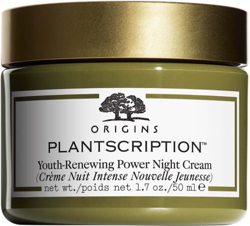 Grön burk med guldlock. Etiketten säger 'Origins Plantscription Youth-Renewing Power Night Cream', 50 ml.