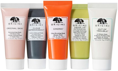 Five skincare mask tubes in different colors, labeled with product names and descriptions.