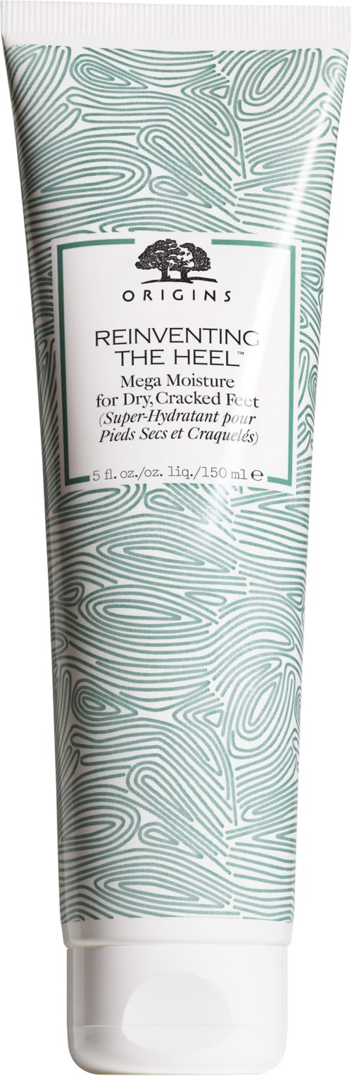 A tube of Origins Rejuvenating The Heel foot cream with a light blue and white swirl design.