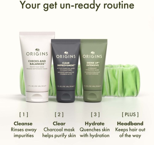 A row of three skincare tubes labeled Cleanse, Clear, and Hydrate with a green headband in the background.
