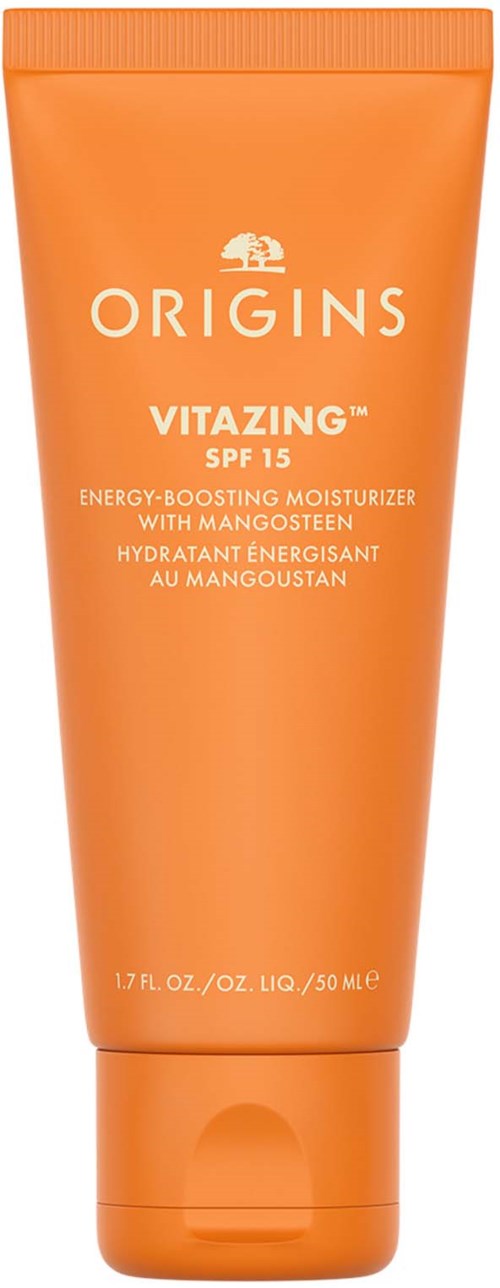 Orange tub med Origins Vitazing SPF 15 fuktighetskräm för energiboost och solskydd.