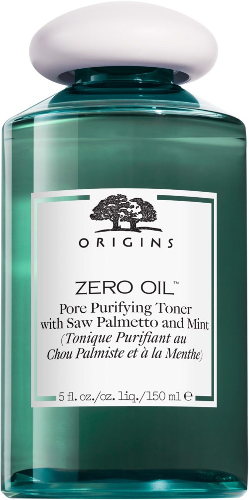 Grön flaska med Origins Zero Oil Pore Purifying Toner och vit topp.