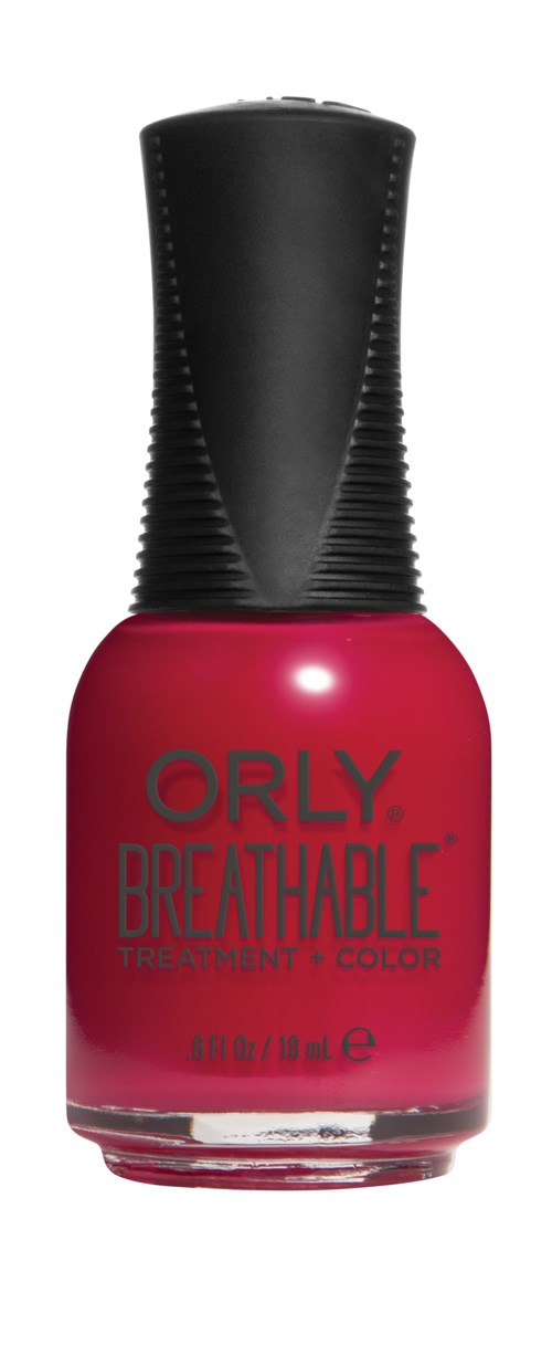 Rød neglelakkflaske med svart lokk, merket 'ORLY BREATHABLE TREATMENT + COLOR'.