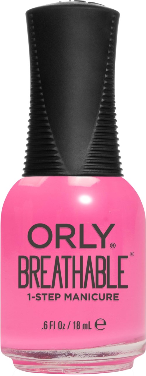 Rosefärgad nagellackflaska med svart lock, märkt 'ORLY BREATHABLE 1-STEP MANICURE.'
