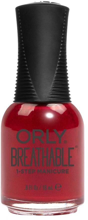 Rød neglelakkflaske med svart hette og merke 'ORLY BREATHABLE 1-STEP MANICURE'.