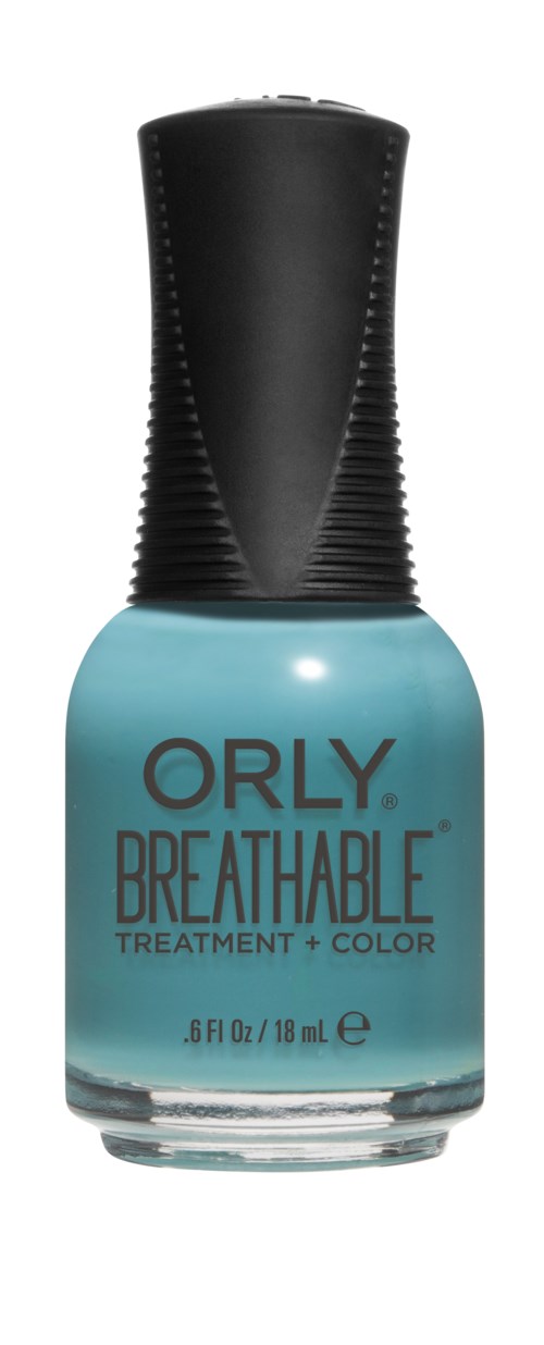 En flaske med ORLY pustende behandling og fargernagellakk, blå med svart lokk. Den viser produktnavn og størrelse.