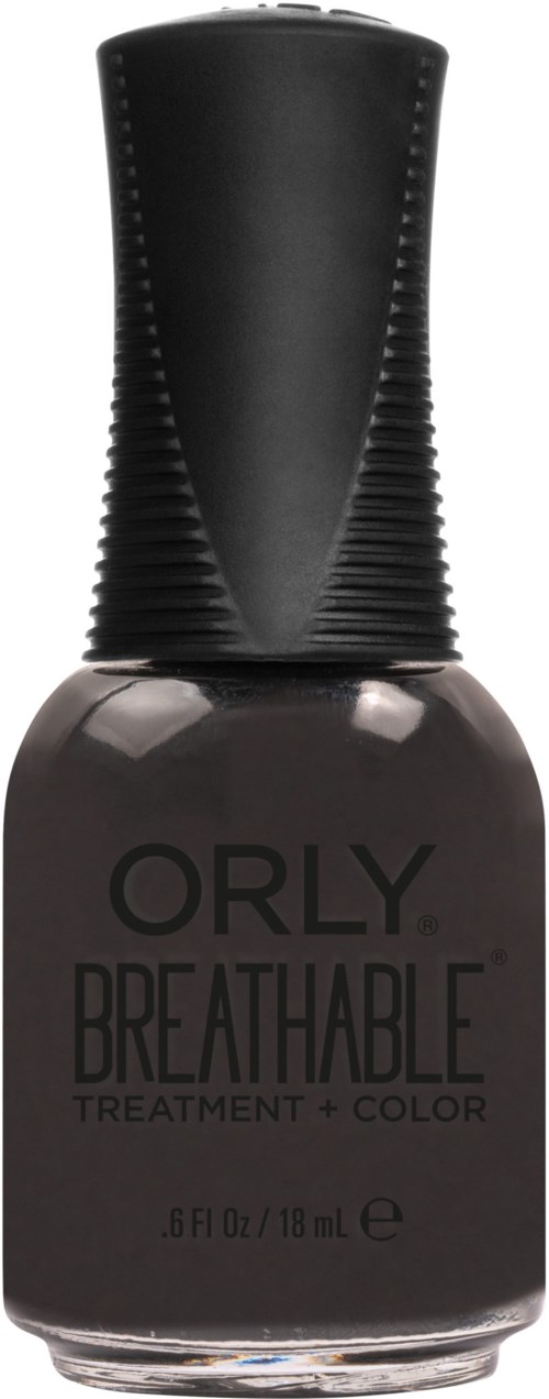 En svart neglelakkflaske med rund form og en høy, strukturert lokk. Etiketten sier "ORLY BREATHABLE."