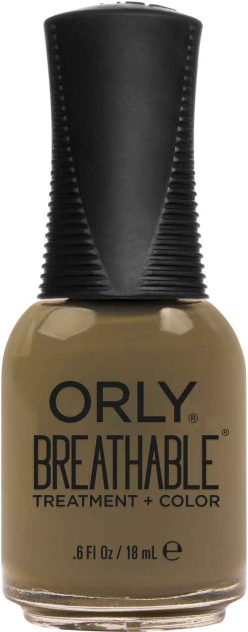 Neglelakkflaske i beige farge med svart lokk, merket "ORLY BREATHABLE TREATMENT + COLOR."