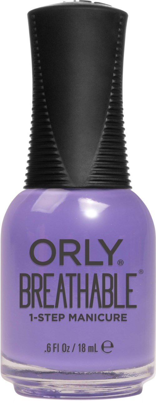 Liten lila nagellacksflaska med svart kork, märkt 'ORLY BREATHABLE 1-STEP MANICURE'.
