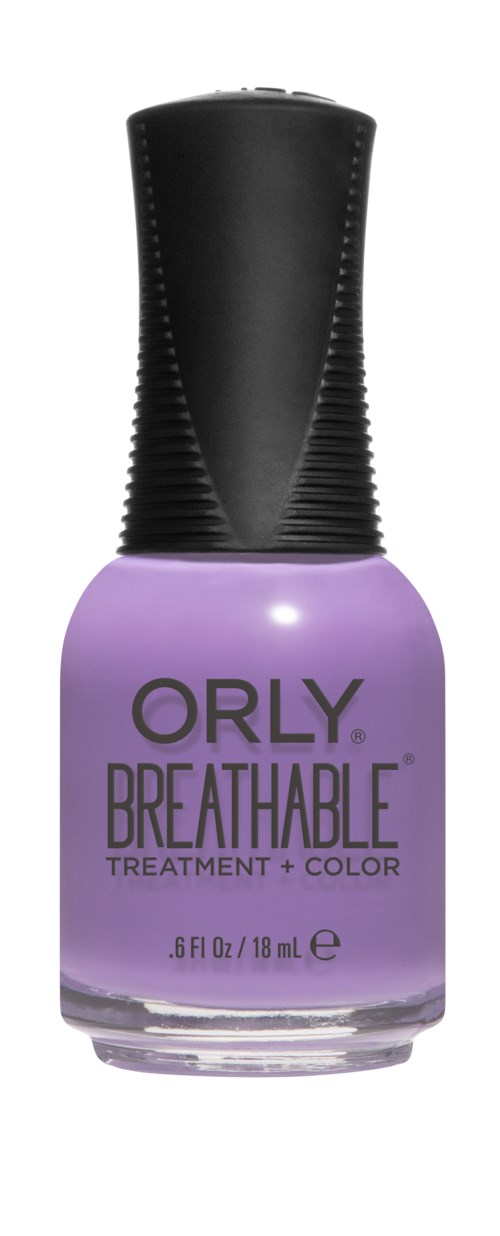 En lilla neglelakkflaske med svart lokk, merket 'ORLY BREATHABLE TREATMENT + COLOR', 6 fl oz.