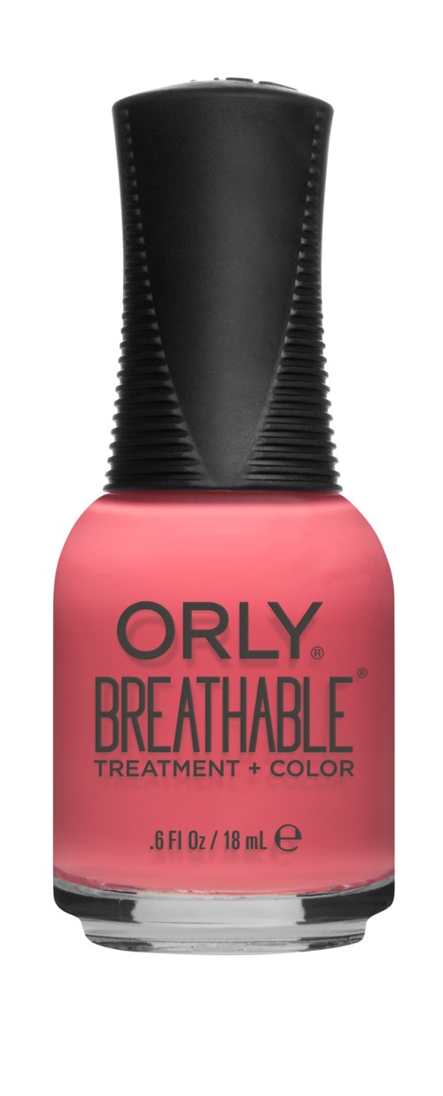 Rosa neglelakkflaske med svart lokk, merket 'ORLY BREATHABLE TREATMENT + COLOR'.