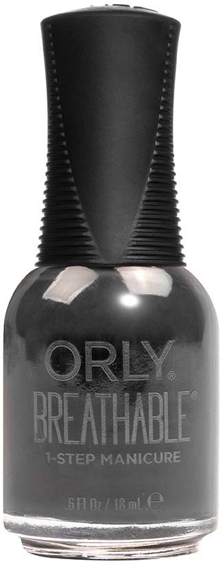 En grå neglelakkflaske med svart lokk, merket 'ORLY BREATHABLE 1-STEP MANICURE.'