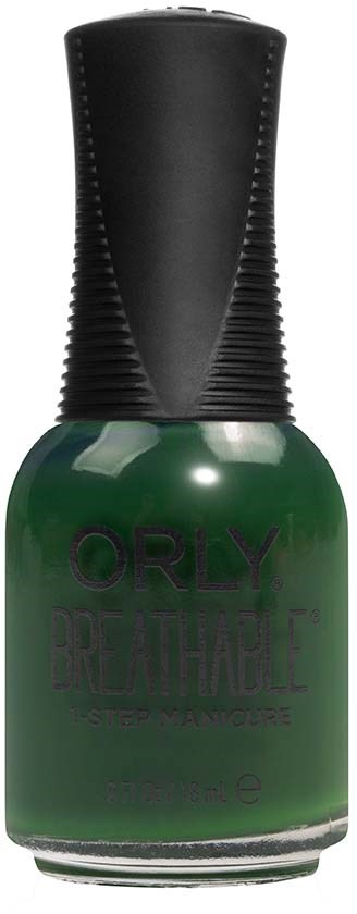 Grønn neglelakkflaske med svart lokk, merket 'ORLY BREATHABLE STEPP NATURE'.