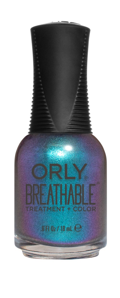 En neglelakkflaske med svart lokk og et skinnende, flerfarget utseende. Den er merket 'ORLY BREATHABLE'.
