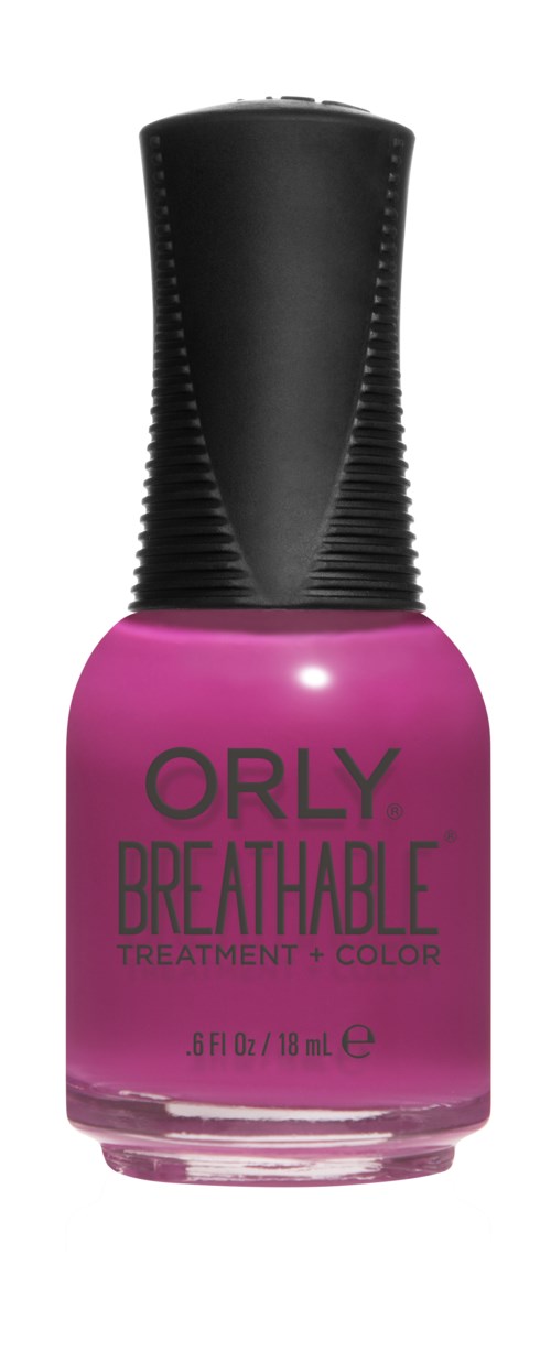 Rosa neglelakkflaske med svart hette merket "ORLY Breathable Treatment + Color."