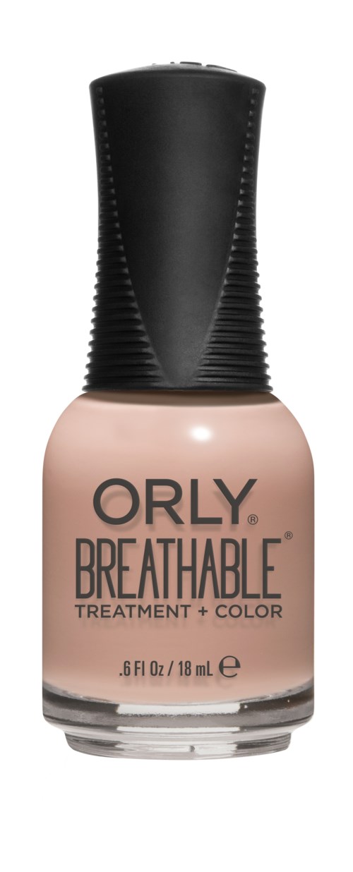 En flaske med ORLY Breathable neglelakk med svart lokk og rosa lakk.