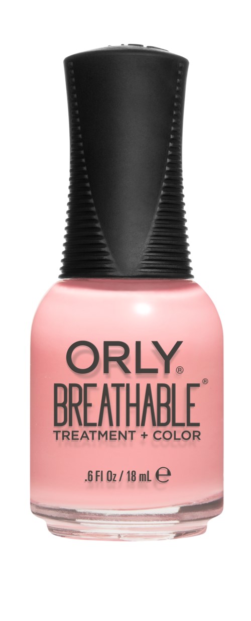 En liten rosa flaske med neglelakk med svart hette, merket 'ORLY BREATHABLE TREATMENT + COLOR.'