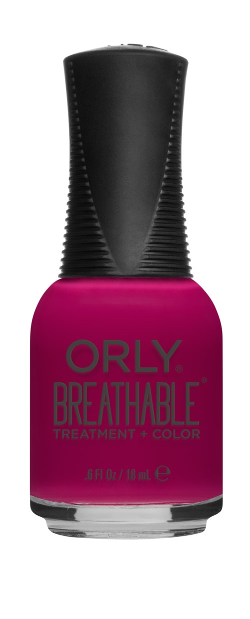 En rosa neglelakkflaske med svart lokk, merket 'ORLY BREATHABLE TREATMENT + COLOR'.