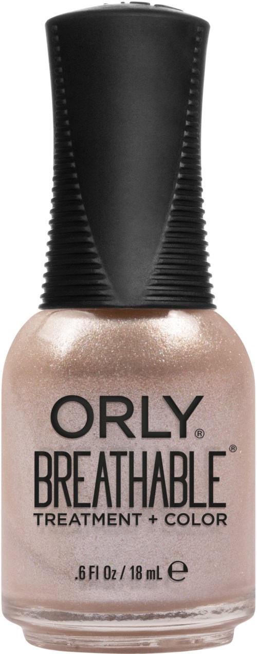 En flaske med ORLY Breathable neglebehandling og -farge, med en blank, lys rosa-nude lakk og svart lokk.
