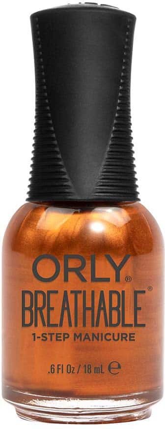 Oransje neglelakkflaske med svart kork, merket 'ORLY BREATHABLE 1-STEP MANICURE'.