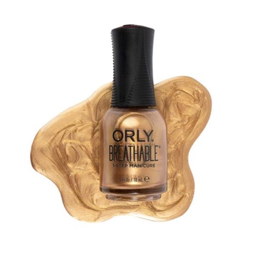 En flaske med ORLY Breathable 1-step manicure neglelakk med en smak av metallisk gullfarge.