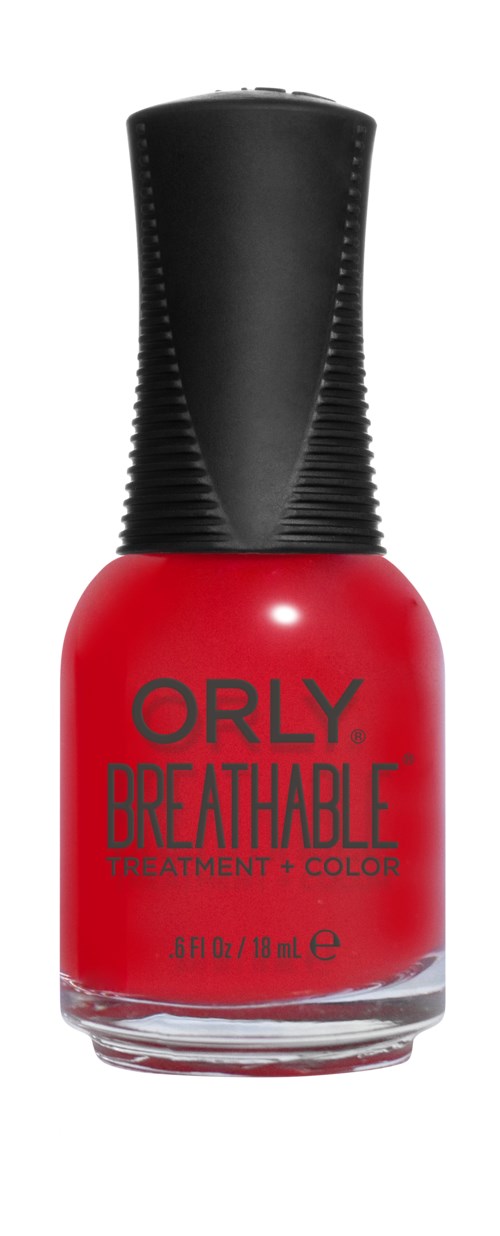 Rød neglelakkflaske med svart lokk, merket 'ORLY BREATHABLE TREATMENT + COLOR' på forsiden.