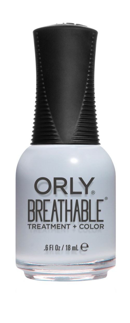 En flaske med ORLY Breathable neglelakk med svart lokk og hvit kropp, designet for behandling og farge.