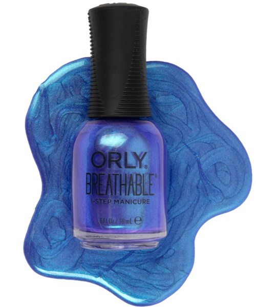 A blue nail polish bottle with black cap, surrounded by blue gel or paint, labeled "ORLY BREATHABLE".